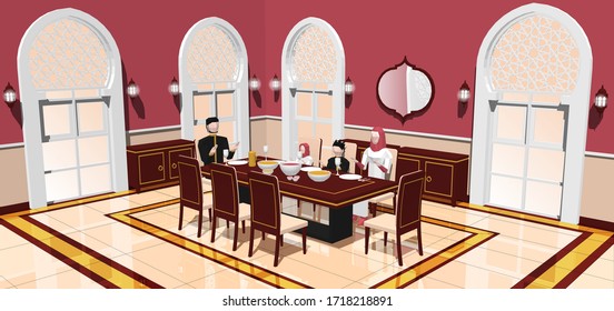 Perspective vector illustration of a muslim family break fasting in dining room