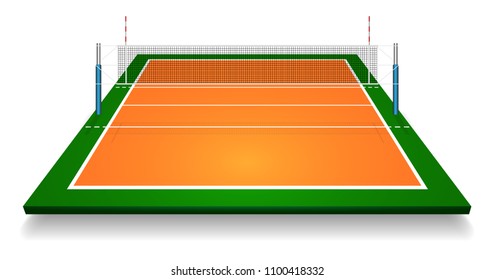 Perspective Vector Illustration Of Vollyball Field Court With Net. Vector EPS 10. Room For Copy.