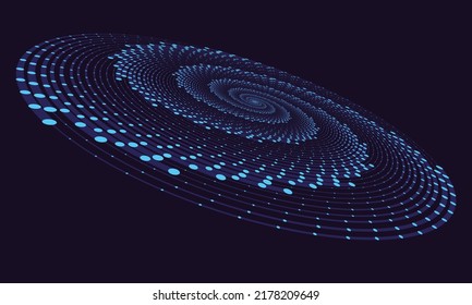 Perspective view to abstract halftone dotted circle. Spiral universe concept. Hypnotic illustration on dark background. Big Data concept.