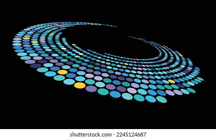 Perspective view to abstract halftone dotted spiral. Blue dots background.