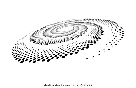 Perspective view to abstract halftone dotted circle. Spiral universe concept.