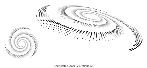 Perspective view to abstract halftone dotted circle. Spiral universe concept.