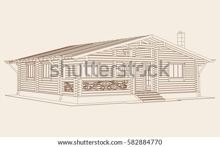 The perspective view of author's project of a wooden house from glued profiled beam with the rafters on the roof, with chimney and wrought-iron railings in modern style. Vector.