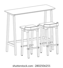 Perspective view of bar set with rectangular bar table and two backless bar stools in clean outline rendering, showcasing a modern and functional bar furniture arrangement.