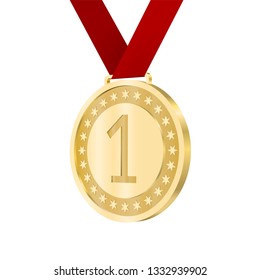 Perspective view of beautiful realistic first place golden medal hanging from a ribbon.