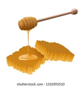 Perspective view of beautiful realistic wooden honey stick with honey flowing on a honeycomb.