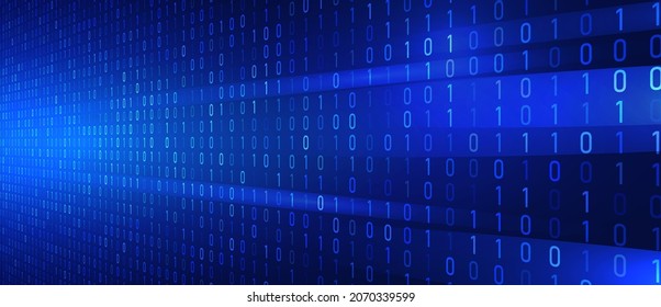 Perspective view of the Binary code background, A random data flowing of 0 and 1 digits on a blue backdrop. Technology background. vector