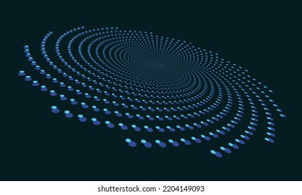Perspective view to blue abstract halftone dotted circle. Spiral universe concept.