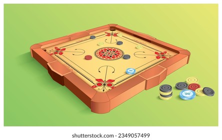 Perspective view of Butterfly pattern Carrom board and coins isolated on green background in vector illustration