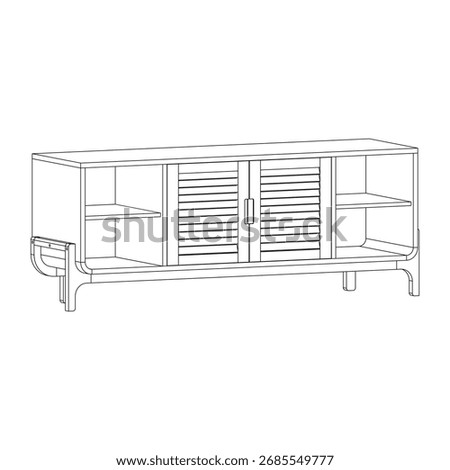 Perspective view of cabinet with slatted doors in the center and open shelving on both sides. Elegant and practical wooden furniture for storage and home decor