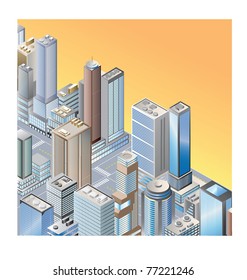 Perspective view of the city skyline at sunset