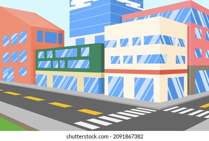 perspective view of the commercial business district in the city with adjacent buildings, 3d vector design illustration.