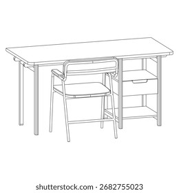 Vista de la Perspectiva del escritorio con sillón, tamaño 150x70x75 cm. Muebles prácticos del espacio de trabajo para el uso del hogar, de la oficina, o del estudio