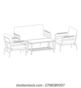 The perspective view displays the entire sofa set in a dynamic three-quarter angle, revealing the overall form, spacing, and design consistency between the sofas and coffee table.