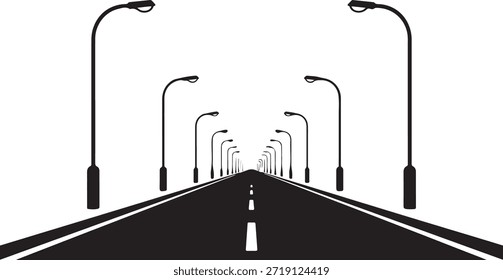 Perspectiva Vista de una carretera de asfalto vacía bordeada de farolas