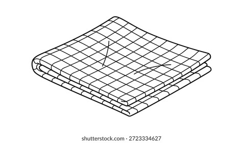 A visão em perspectiva de um cobertor ou pano dobrado quadriculado mostra o padrão de grade e a textura espessa do tecido em um simples desenho de linha.
