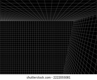 Perspective view in grid room corner. 3 d corner of room in an unusual perspective. Abstract geometric design background