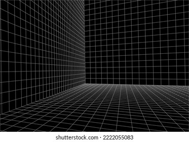 Perspective view in grid room corner. 3 d corner of room in an unusual perspective. Abstract geometric design background