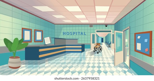 Perspective view of hospital interior hall. Cartoon vector illustration