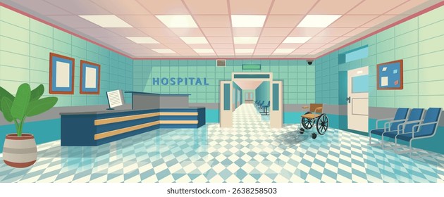 Perspective view of hospital interior hall. Cartoon vector illustration
