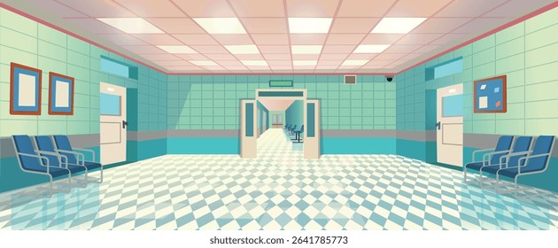 Perspective view of hospital interior hall. Cartoon vector illustration
