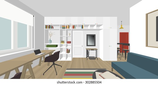 Perspective view of the interior living room