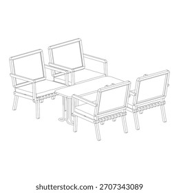 Perspective view line art illustration of a modern living room set consisting of four single-seater sofas arranged around a rectangular coffee table.