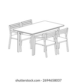 Vista em perspectiva arte da linha de um conjunto de jantar retangular com quatro cadeiras. Ideal para catálogos, publicidade, visualização interior moderna e marketing de produtos.