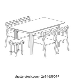 Vista em perspectiva arte da linha de uma mesa de jantar retangular com quatro cadeiras e dois bancos. Perfeito para catálogo, publicidade e visualização de interiores.