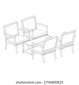 Perspective view of a living room set consisting of four single sofas arranged around a rectangular coffee table, forming a balanced seating cluster with a modern minimalist style.
