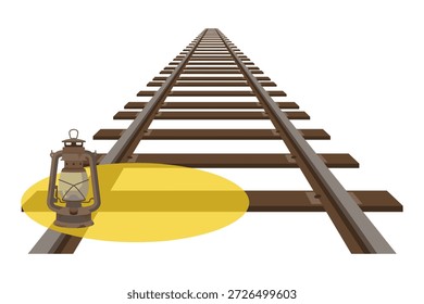 Vista de Perspectiva de las Pistas largas del ferrocarril que desaparecen horizonte; luz de la lámpara de aceite de la vendimia en el ferrocarril; equipo antiguo de la señalización del ferrocarril; concepto de la ruta del viaje