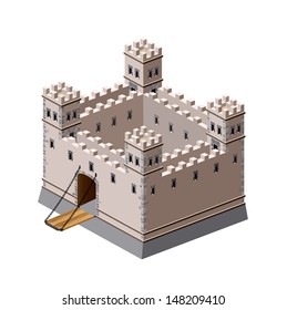 A perspective view of a medieval fortress on a white background