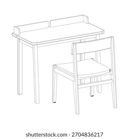 Vista de perspectiva de uma mesa minimalista com painéis traseiros levantados e uma cadeira de madeira almofadada, apresentando proporções limpas, estrutura simples e uma configuração de estudo moderna.
