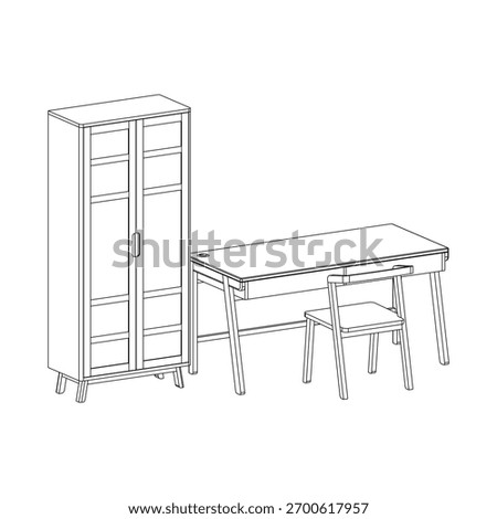 Perspective view of a minimalist white oak wood furniture set with desk, chair, and tall cabinet. Natural finish and sleek form suit modern workspace interiors.