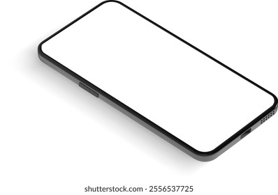 Perspective view of a modern smartphone with a blank white screen, casting a subtle shadow on a clean white surface, ideal for showcasing mobile applications or digital content