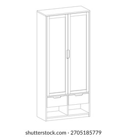 Vista panorâmica de um guarda-roupa moderno com quatro gavetas inferiores e espaço superior do gabinete, mostrando profundidade completa, altura e estrutura minimalista limpa.