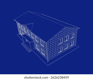 Perspective view of the office building. 3d vector illustration isolated on blueprint.