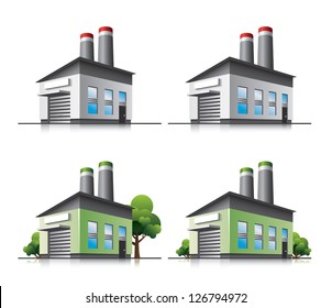 Perspective View On Four Factory Building Vector Icons In Cartoon Style. Green Manufacture.