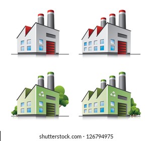 Perspective view on four factory building vector icons in cartoon style. Green manufacturing and producing.