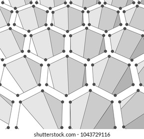 Perspective view on honeycomb. Hexagon pattern background. Isometric geometry. Molecule and communication pattern. Connected lines with dots.
