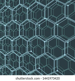 Perspective view on honeycomb. Hexagon pattern background. Isometric geometry. Molecule and communication pattern. Connected lines with dots.