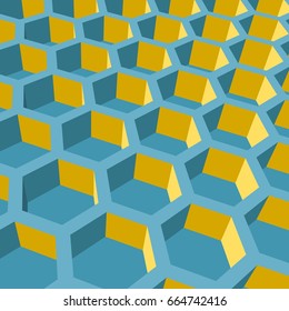 Perspective view on honeycomb. Hexagon pattern background. Isometric geometry