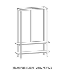 Blickwinkel auf offenen Kleiderschrank mit doppelten Hängeschienen und Bodenregalen, Größe 125x39x178 cm. Einfache Aufbewahrungsmöbel für zu Hause