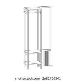 Vista de Perspectiva de armario abierto con riel y estantes inferiores, tamaño 89x40x188 cm. Prácticos muebles de almacenamiento para el interior del dormitorio, hogar o estudio