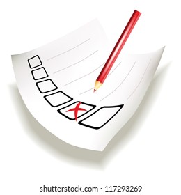 Perspective view of paper with row of checkboxes and red cross done by pencil