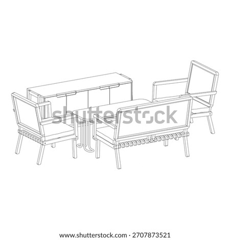 The perspective view presents the complete living room set in a natural 3D angle. Two armchair sofas face the coffee table from opposite sides, while the 2-seater sofa anchors the arrangement