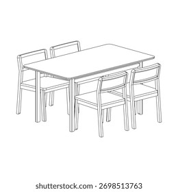 Vista em perspectiva de um conjunto de jantar retangular consistindo de uma mesa com quatro cadeiras. A visualização em ângulo captura profundidade, equilíbrio e composição espacial realista