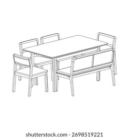 Vista em perspectiva de um conjunto de jantar retangular com quatro cadeiras e um banco. A vista em ângulo destaca a interação entre a forma sólida e a estrutura aberta