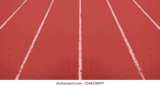 Perspective view of the red rubber surface of the running track. Receding into the distance white dividers of running ways. Vector illustration of sports background with texture