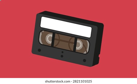 Perspective view of a retro cassette tape isolated against a flat red background for musical aesthetics.